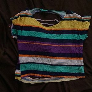 Rainbow colored crop top with string cutouts in the back